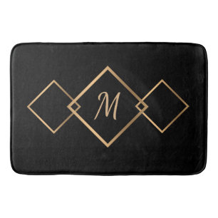 Elegant Black Gold Diamond Geometric Monogram Bath Mat