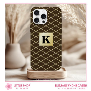 Elegant Black Gold Diamond Pattern Monogram iPhone 15 Case