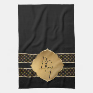Elegant Black Gold Diamond Shape Monogram Initials Kitchen Towel