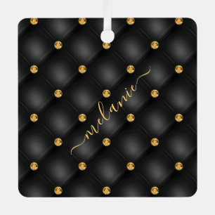 Elegant Black Gold Diamond Tufted Custom Your Name Metal Ornament