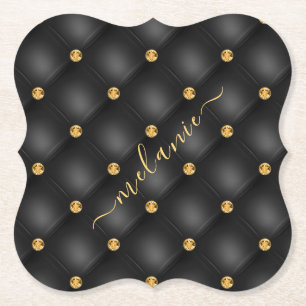 Elegant Black Gold Diamond Tufted Luxury Your Name Paper Coaster