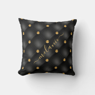 Elegant Black Gold Diamond Tufted Luxury Your Name Throw Pillow