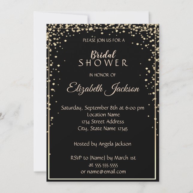 Elegant Black, Gold Diamonds, Frame Bridal Shower Invitation (Front)