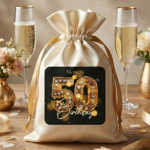 Elegant Black Gold Diamonds Jewel 50th Birthday Square Sticker