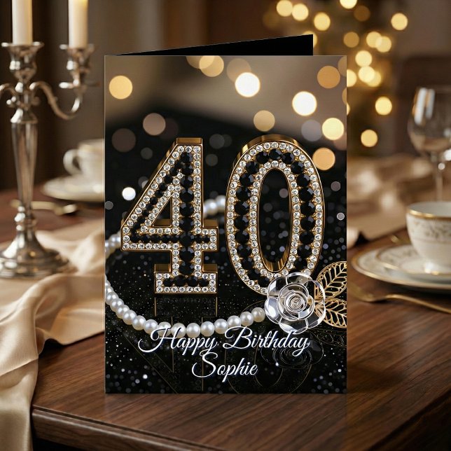 Elegant Black Gold Diamonds Pearls 40th Birthday Card (Creator Uploaded)
