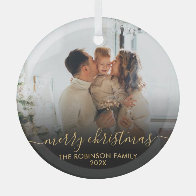 Elegant Black Gold Family Photo Merry Christmas   Glass Ornament (Front)
