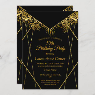 Elegant Black Gold Faux Foil 50th Birthday Party Invitation