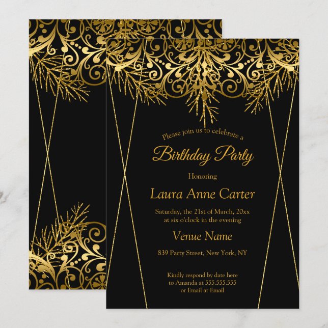 Elegant Black Gold Faux Foil Birthday Party Invitation (Front/Back)