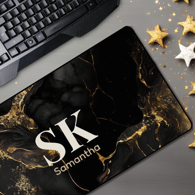 Elegant black gold faux glitter marble monogram desk mat (Creator Uploaded)