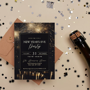 Elegant Black Gold Fireworks New Year's Eve Party Invitation