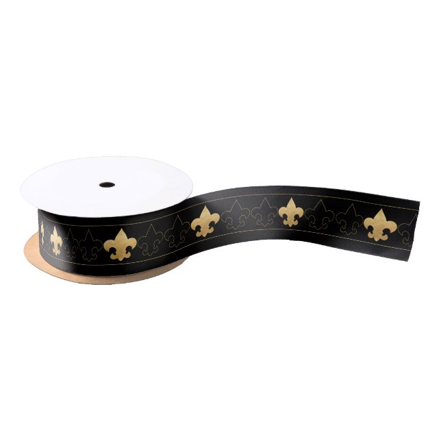 Elegant Black & Gold Fleur De Lis Ribbon Satin Ribbon (Spool)