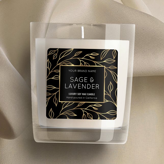 Elegant Black & Gold Floral Chic Product Jar Label (Elegant faux gold effect square product labels with floral background)