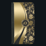 Elegant Black & Gold Floral Damask & Dynamic Lines Samsung Galaxy S5 Wallet Case<br><div class="desc">Black and gold tones shiny metallic floral damask and dynamic modern lines design. Custom and optional monogram. Several variation on this design, with different position of the elements. Not actual glitter or metallic finis, but digital image effect. If you need any help customizing, changing colour, or anything else to any...</div>