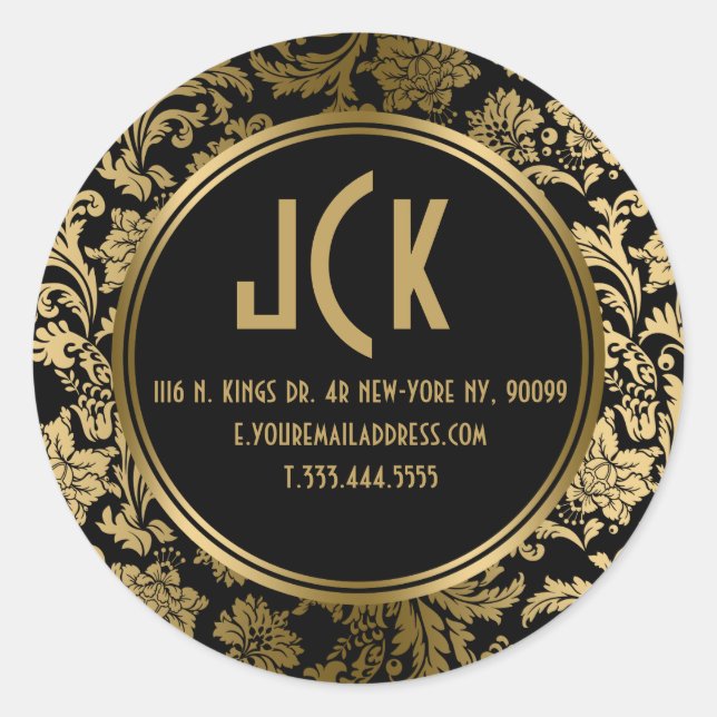 Elegant Black & Gold Floral Damasks 2 Pattern Classic Round Sticker (Front)