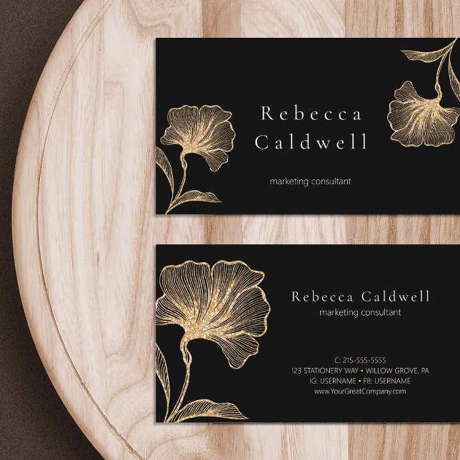 Elegant Black Gold Floral Feminine Business Card (Elegant Black Gold Floral Feminine Business Card)