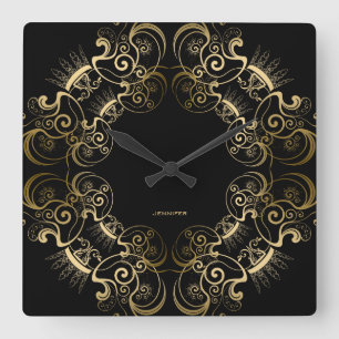 Elegant Black & Gold Floral Frame Square Wall Clock
