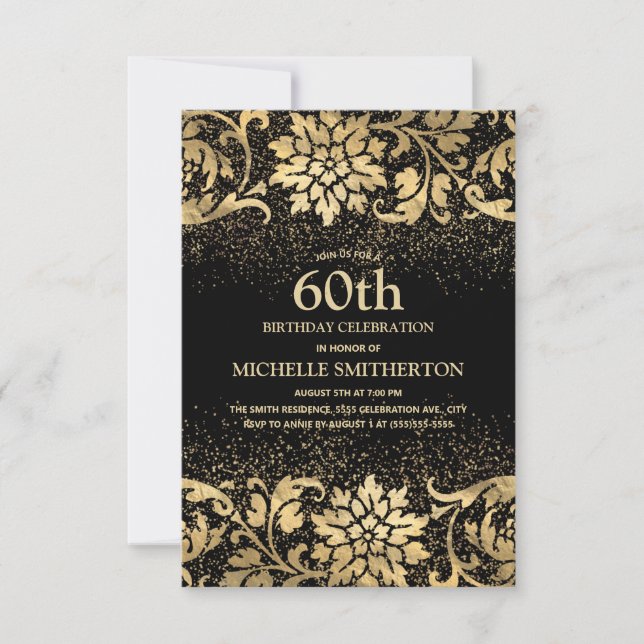 Elegant Black Gold Floral Glitter 60th Birthday Invitation (Front)