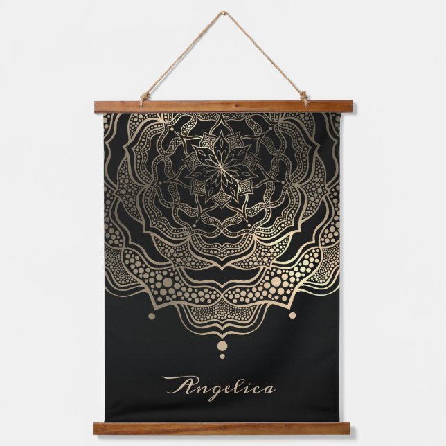   Elegant Black & Gold Floral Mandala Personalized Hanging Tapestry (Front)