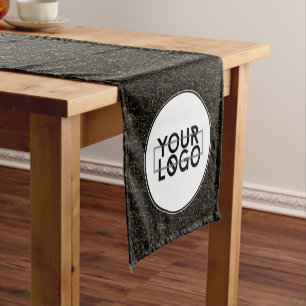 Elegant Black Gold Floral Pattern w/Logo Short Table Runner