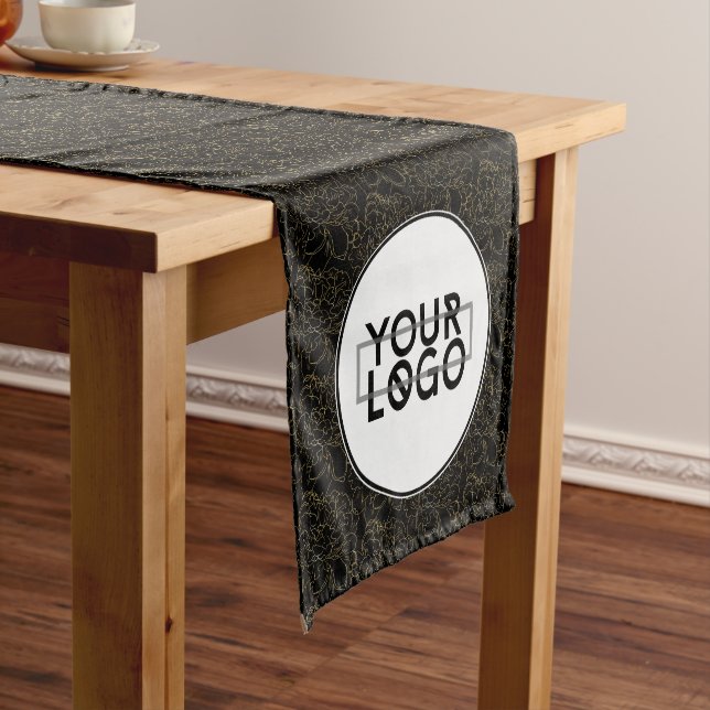 Elegant Black Gold Floral Pattern w/Logo Short Table Runner (In Situ)
