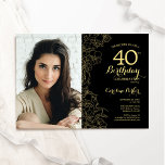 Elegant Black Gold Floral Photo 40th Birthday Invitation<br><div class="desc">Black gold floral 40th birthday party invitation with your photo on the front of the card. Minimalist modern design featuring botanical outline drawings accents, faux gold foil and typography script font. Simple trendy invite card perfect for a stylish female bday celebration. Can be customized to any age. Printed Zazzle invitations...</div>