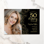 Elegant Black Gold Floral Photo 50th Birthday Invitation<br><div class="desc">Black gold floral 50th birthday party invitation with your photo on the front of the card. Minimalist modern design featuring botanical outline drawings accents, faux gold foil and typography script font. Simple trendy invite card perfect for a stylish female bday celebration. Can be customized to any age. Printed Zazzle invitations...</div>