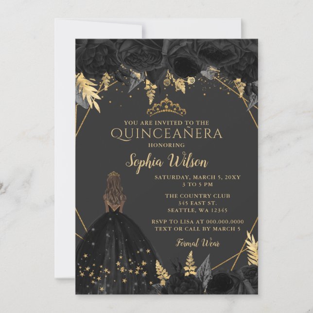 Elegant Black Gold Floral Princess Quinceañera Invitation (Front)