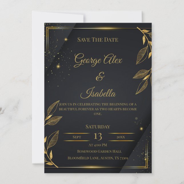Elegant Black & Gold Floral Save the Date Card (Front)