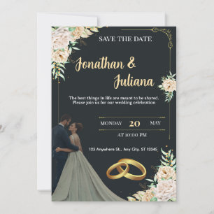 Elegant Black & Gold Floral Save the Date Wedding  Invitation
