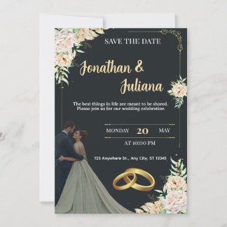 Elegant Black & Gold Floral Save the Date Wedding  Invitation