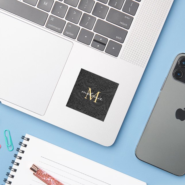 Elegant Black Gold Floral Script Monogram (Laptop w/ iPhone)