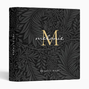 Elegant Black Gold Floral Script Monogram Binder