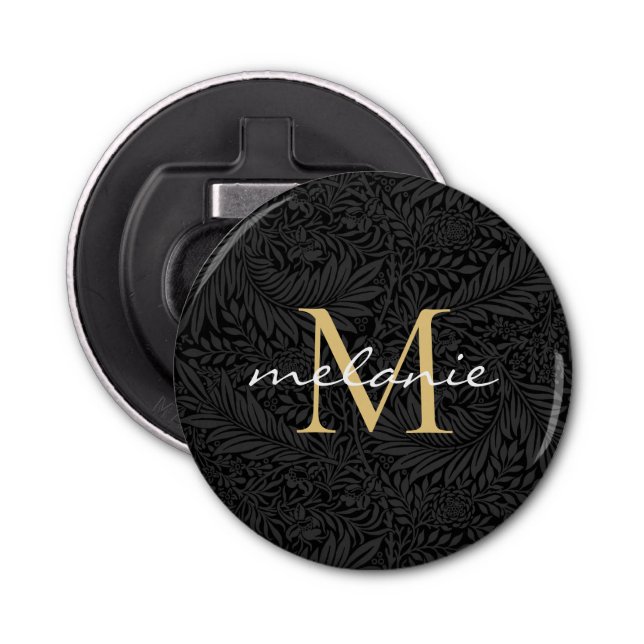 Elegant Black Gold Floral Script Monogram Bottle Opener (Front)