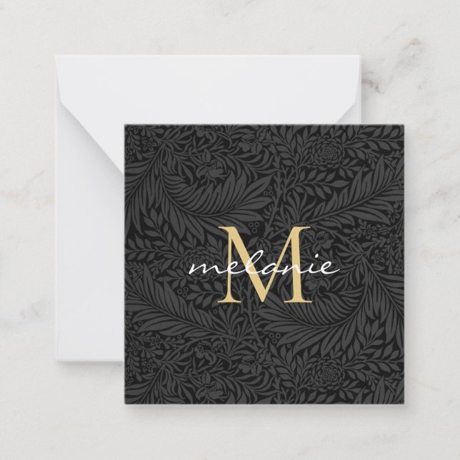 Elegant Black Gold Floral Script Monogram Card (Front)
