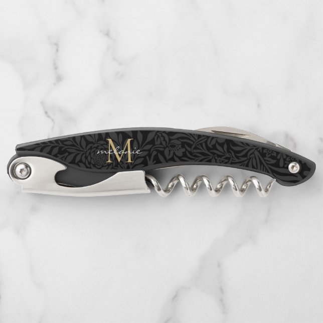 Elegant Black Gold Floral Script Monogram Corkscrew (Front)