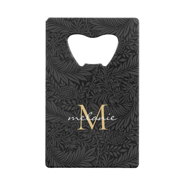 Elegant Black Gold Floral Script Monogram Credit Card Bottle Opener (Front)