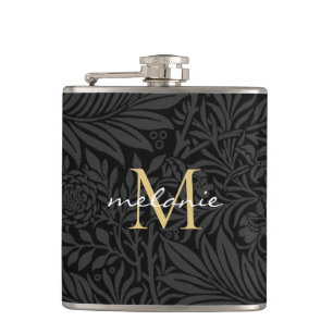 Elegant Black Gold Floral Script Monogram Hip Flask