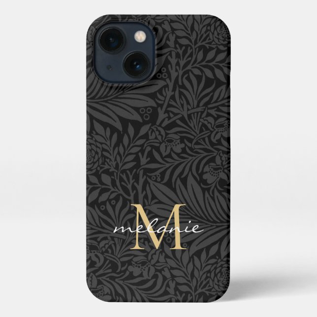 Elegant Black Gold Floral Script Monogram iPhone Case (Back)
