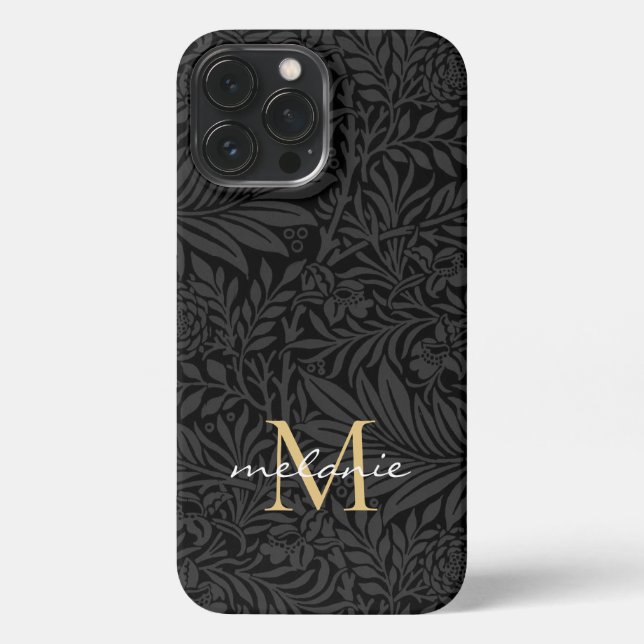 Elegant Black Gold Floral Script Monogram iPhone Case (Back)