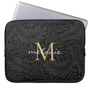 Elegant Black Gold Floral Script Monogram Laptop Sleeve