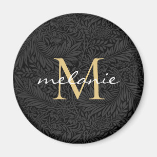 Elegant Black Gold Floral Script Monogram Magnet