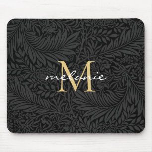 Elegant Black Gold Floral Script Monogram Mouse Pad
