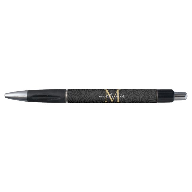 Elegant Black Gold Floral Script Monogram Pen (Front)