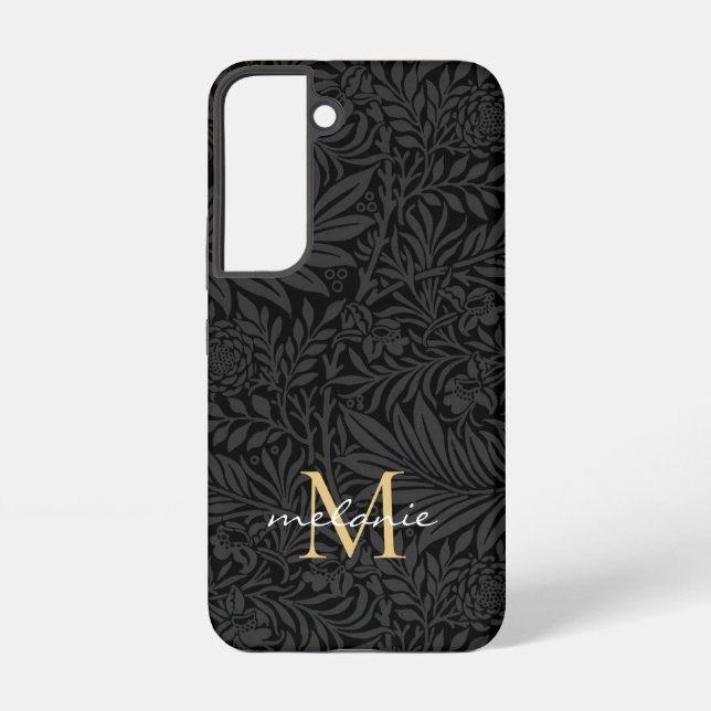 Elegant Black Gold Floral Script Monogram Samsung Galaxy S22 Case (Back)