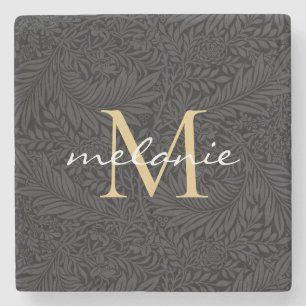 Elegant Black Gold Floral Script Monogram Stone Coaster