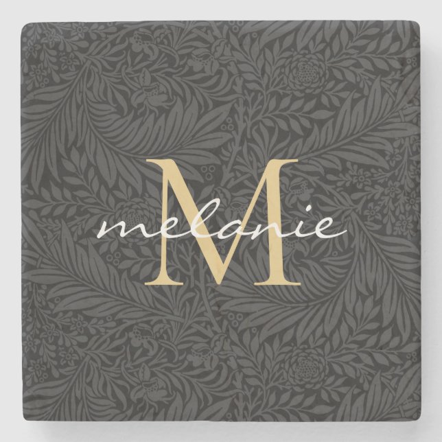 Elegant Black Gold Floral Script Monogram Stone Coaster (Front)
