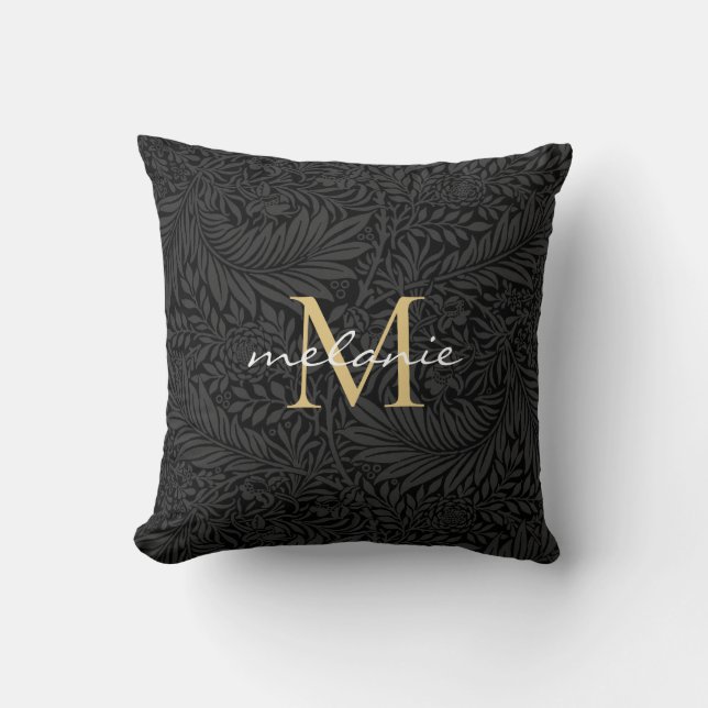 Elegant Black Gold Floral Script Monogram Throw Pillow (Front)