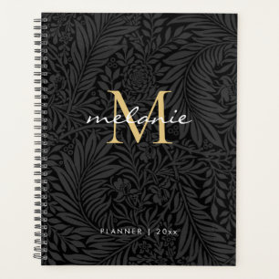 Élégant Black Gold Floral Script Monogramme Calend