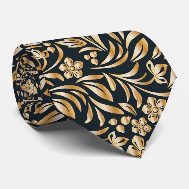 elegant black gold floral tiled pattern tie (Rolled)