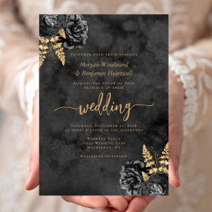 Elegant Black Gold Floral Watercolor Wedding Invitation
